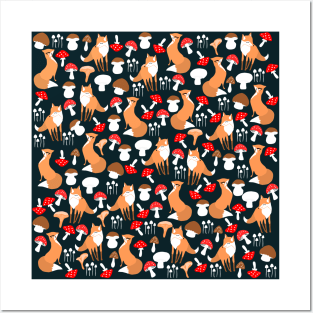 Cute Fox and Mushrooms Pattern Posters and Art